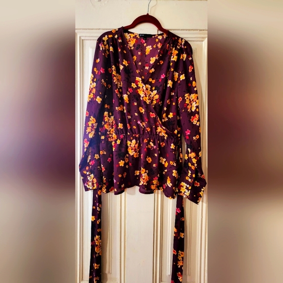 Gibson Tops - Gibson Faux Wrap Floral Pearl Cuff Blouse